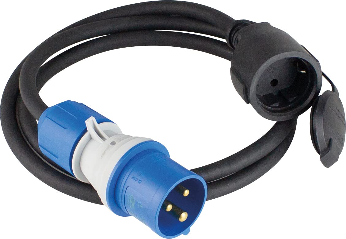 as - Schwabe Juego de camping de 5 piezas – Cable de extensión CEE de 25 m con conector CEE y acoplamiento CEE – Funda protectora para cable – 2 x 1,5 m Cable adaptador – Linterna LED 100 lúmenes