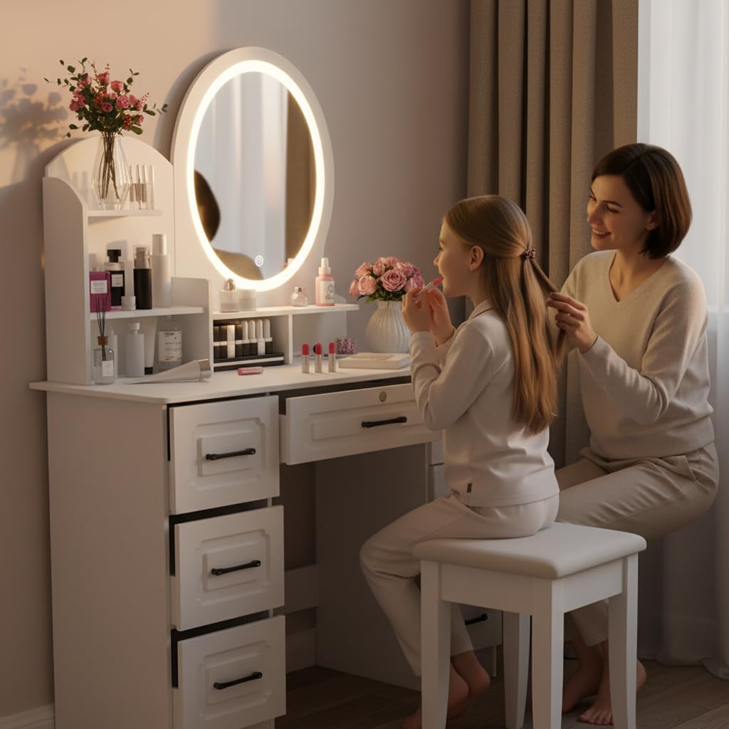Coiffeuse avec miroir, table de maquillage avec éclairage LED, 4 tiroirs et étagères de rangement, table de maquillage blanche moderne pour la chambre, coiffeuse avec tabouret blanc