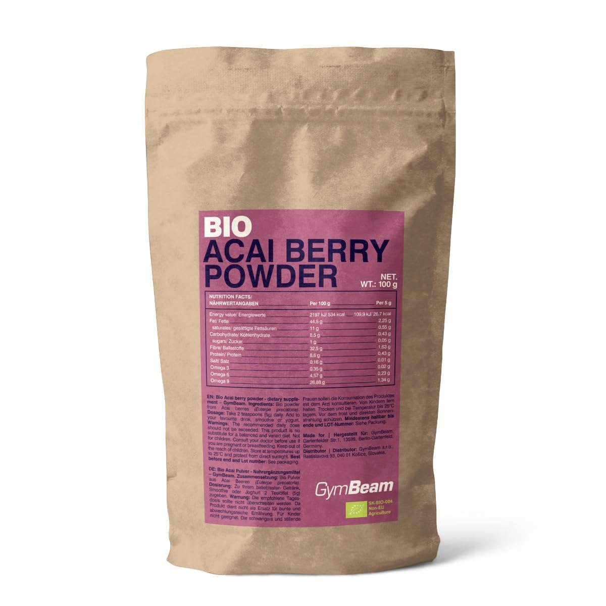GymBeam Polvere di Acai BIO 100 g, Estratto di Bacche di Acai Biologiche, Ricca di Omega 3, 6 e 9, Senza Glutine, Senza Lattosio e OGM, Adatta a Vegetariani e Vegani