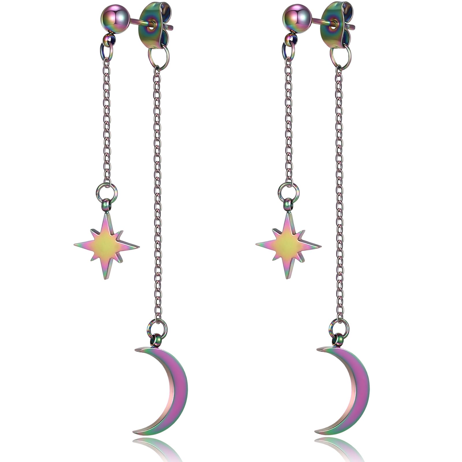 Moon Star Dangle Earrings for Women Dangly Chain Earring - Hypoallergenic Stainless Steel Unique Celestial Dangling Jewelry Silver Gold Black & Rainbow Boho Accessories