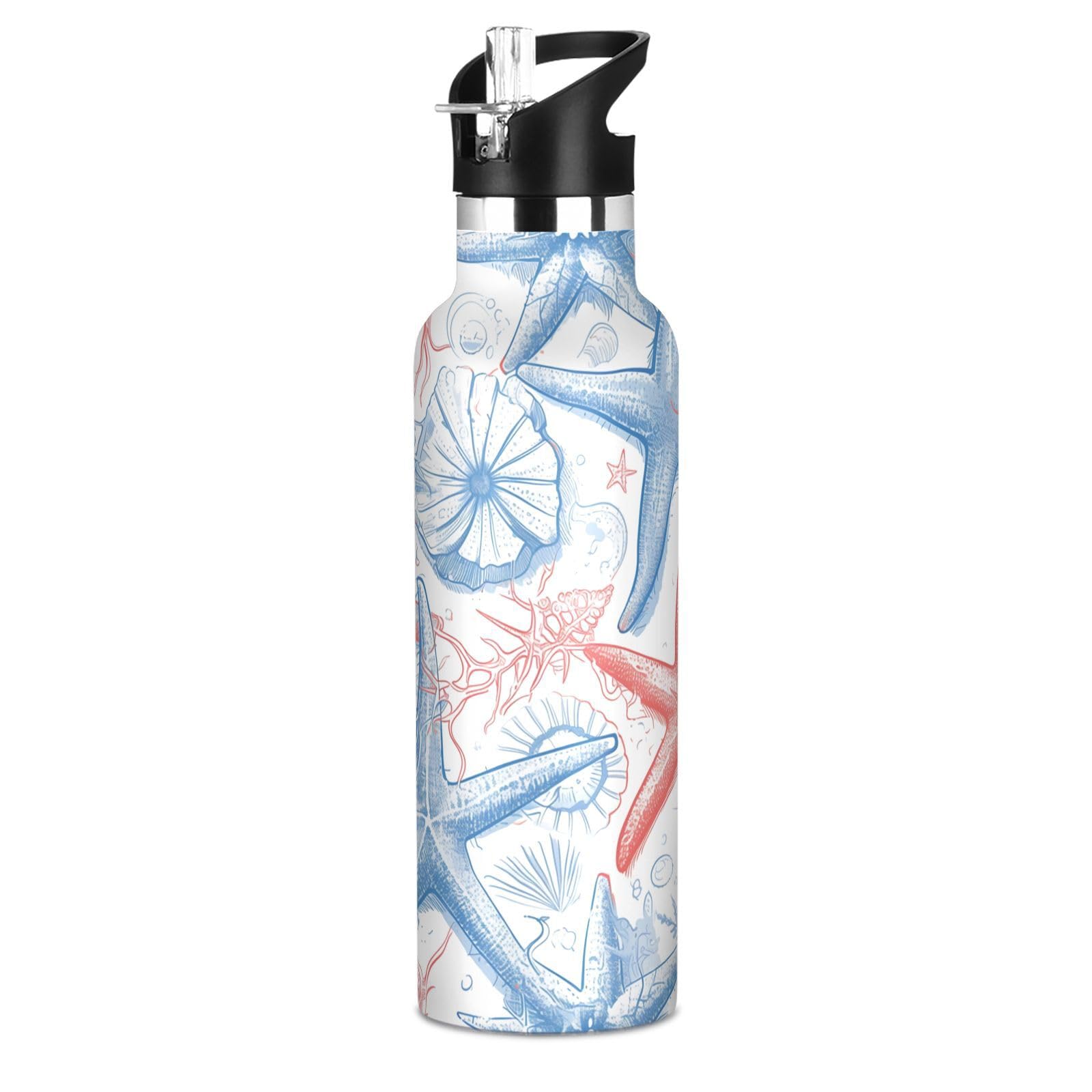 Kaaviyo Boys Pattern Red Blue Starfish Crabs Shells Water Bottle Stainless Steel Jug Insulated Vacuum Cup For Girls(600Ml)