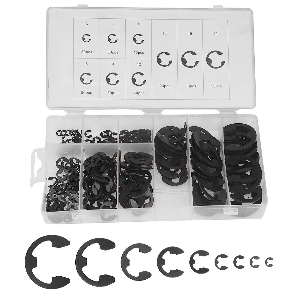 XINGYHENG 300PCS 9 Sizes Black Alloy Steel E-clip External Retaining Clamps Ring Washer Circlip Snap Retainer Rings Assortment Kit(3-22mm)