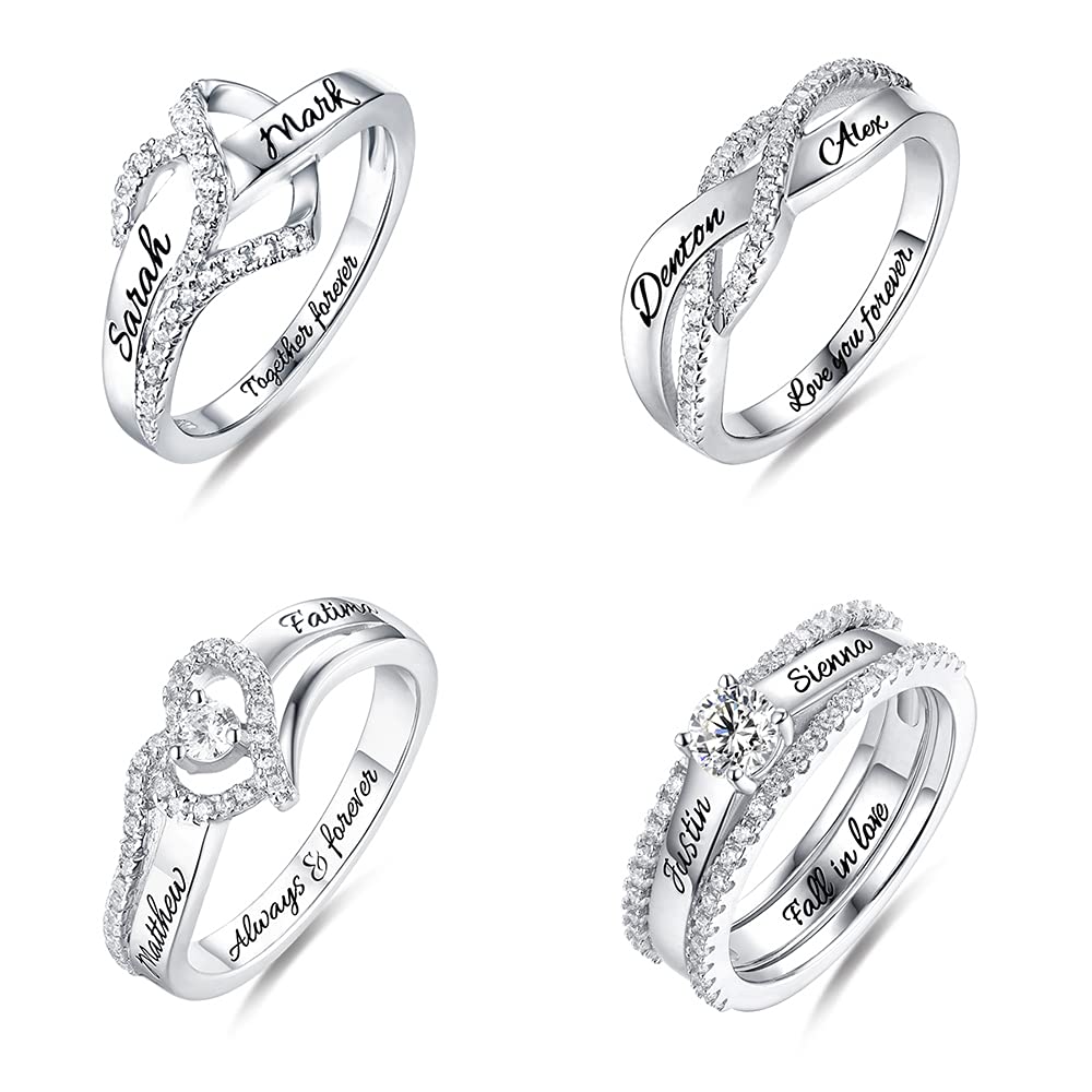 Anillos de eternidad de corazón personalizados para mujer con circonita cúbica de plata de ley 925 con nombre personalizado, grabado de compromiso, aniversario, boda, regalo para mujer