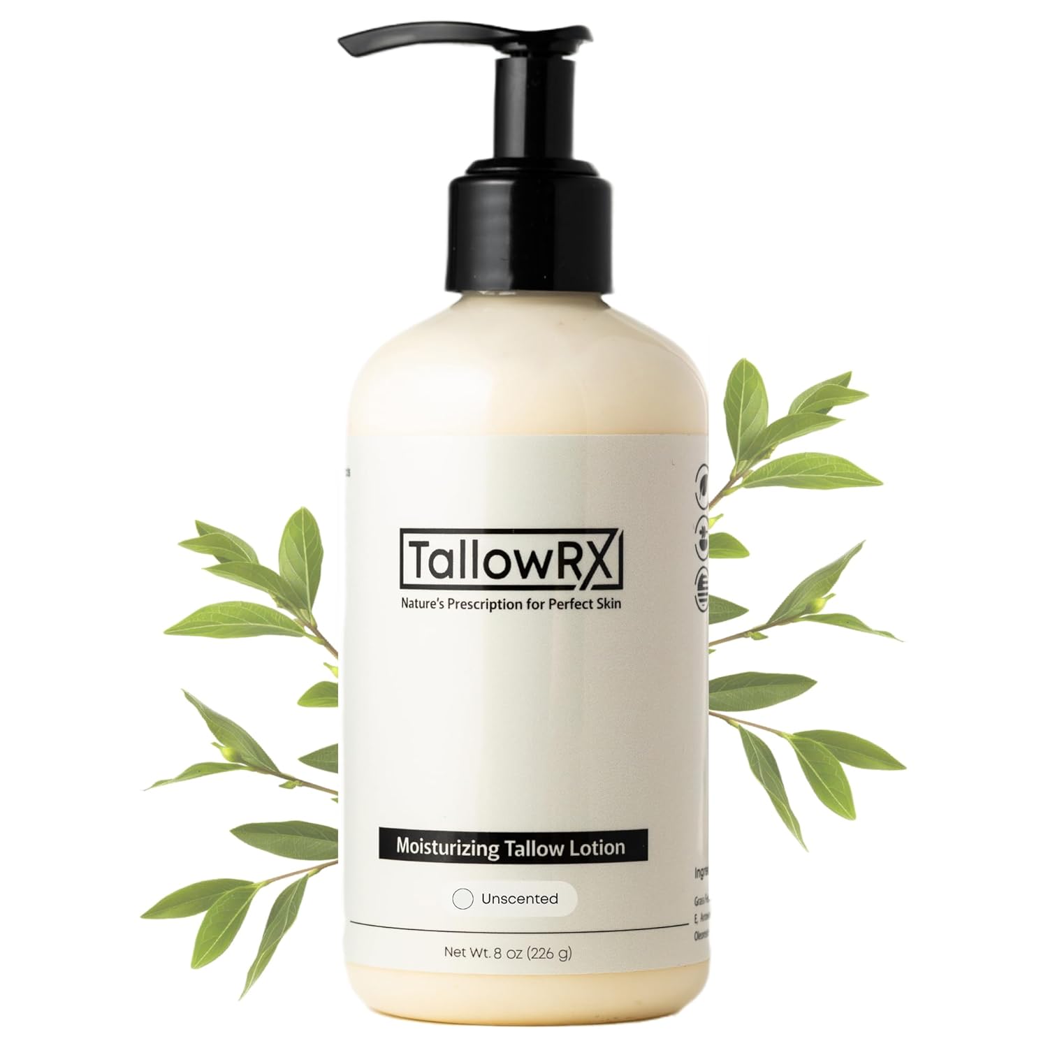 Beef Tallow Lotion for Skin, Face & Body – Luxurious Moisturizer with Grass Fed Tallow, Organic Aloe, Vitamin E & Arrowroot (8 oz, Unscented)