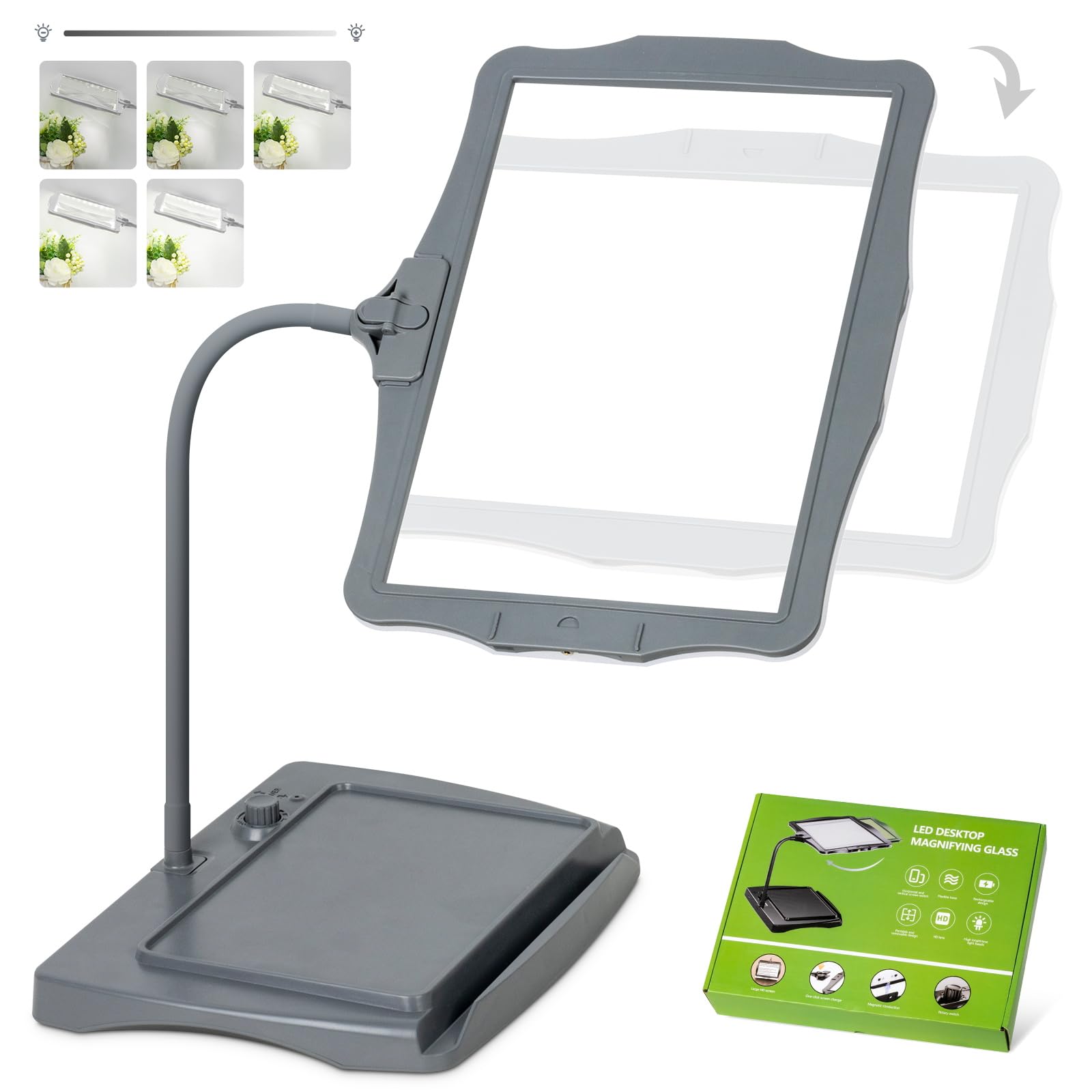 Lupa de página completa recargable de 10 aumentos para lectura, lupa de mano grande de 10.6 x 7.8 pulgadas con luz y soporte, 50 luces LED y lámpara de aumento 3 en 1 de cuello de cisne para