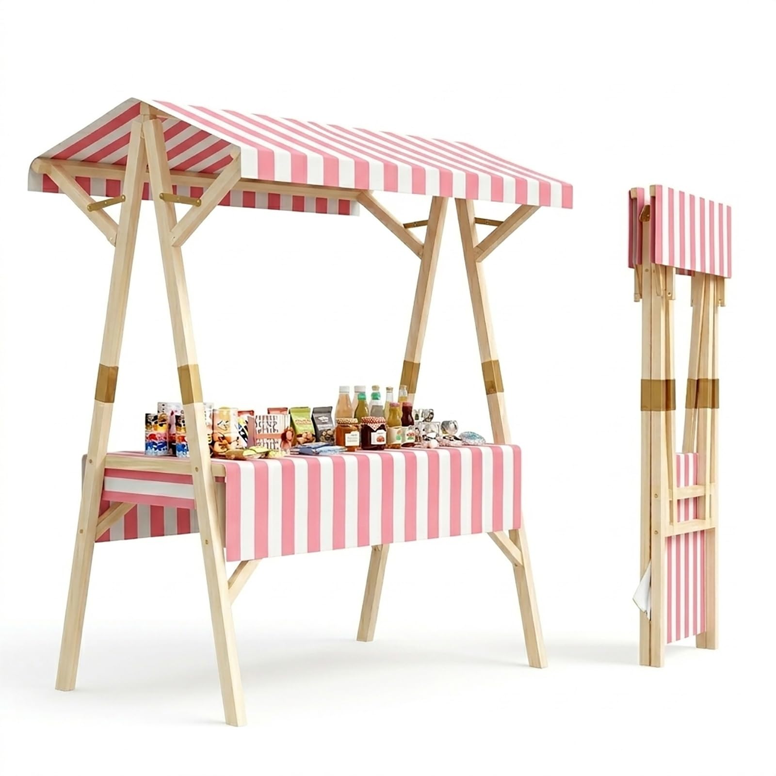 WYHBXD Portable Vendor Stand Food Cart, Folding Market Stall with Canopy & Shelves, Solid Wood Street Booth for Lemonade, Coffee, Ice Cream, Snacks, Pop-up Retail Events & Festivals(Pink,150cm/59)
