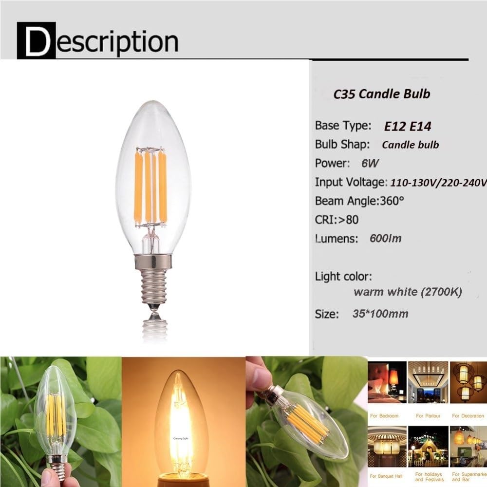 HHF Iluminación del hogar, Paquete de 10/25/50, Bombilla de Vela de filamento Led AC220V C35 E14 6W Bombilla de luz Regulable lámpara de candelabro Retro Edison(50PCS Warm White)