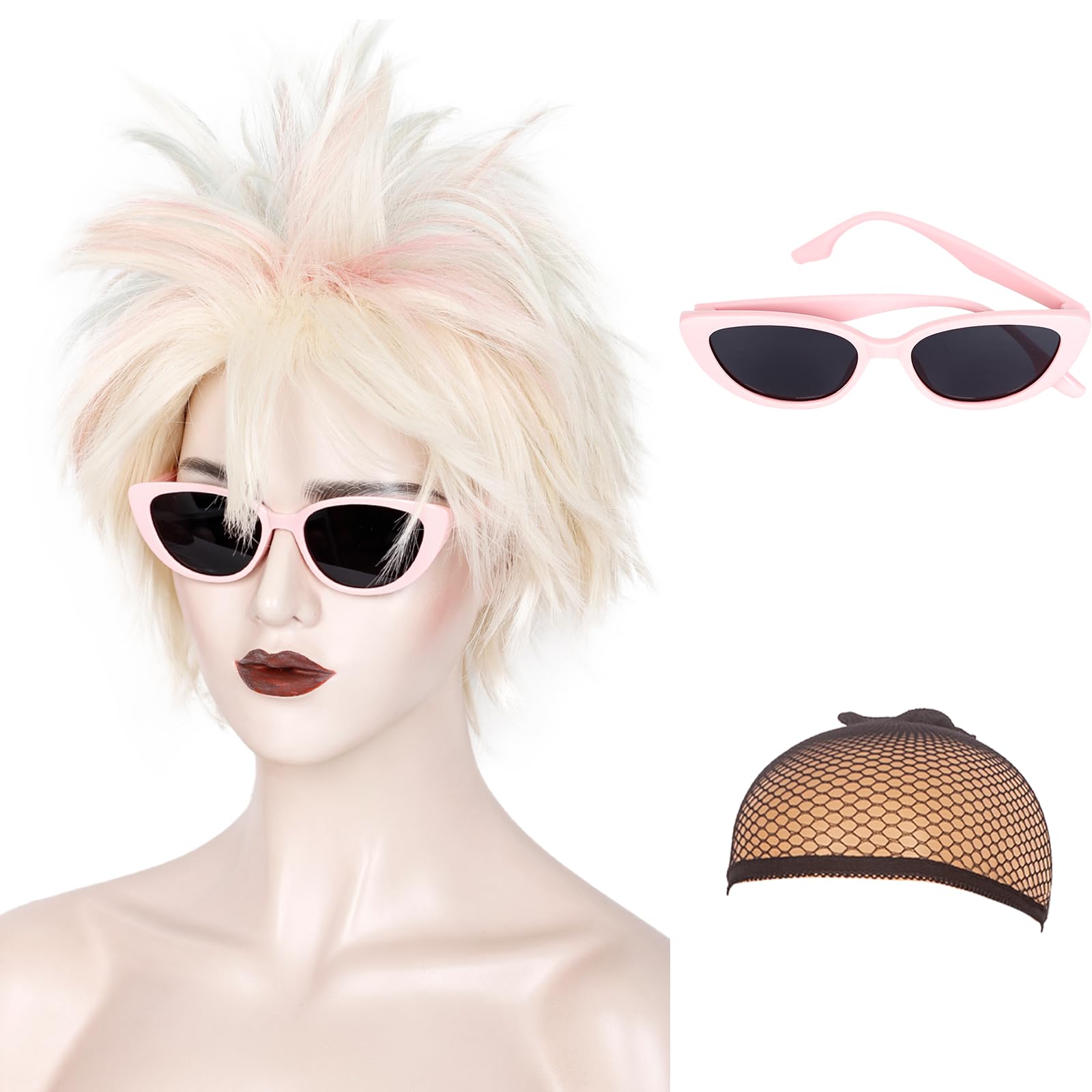 Photo 1 of WeKen Womens Short Blonde with Highlight Pink Blue Wig Crazy Spiky Short Blonde Wig for Weird Costumes Halloween Cosplay Movie Party (Wig+Wig Cap+Sunglasses)