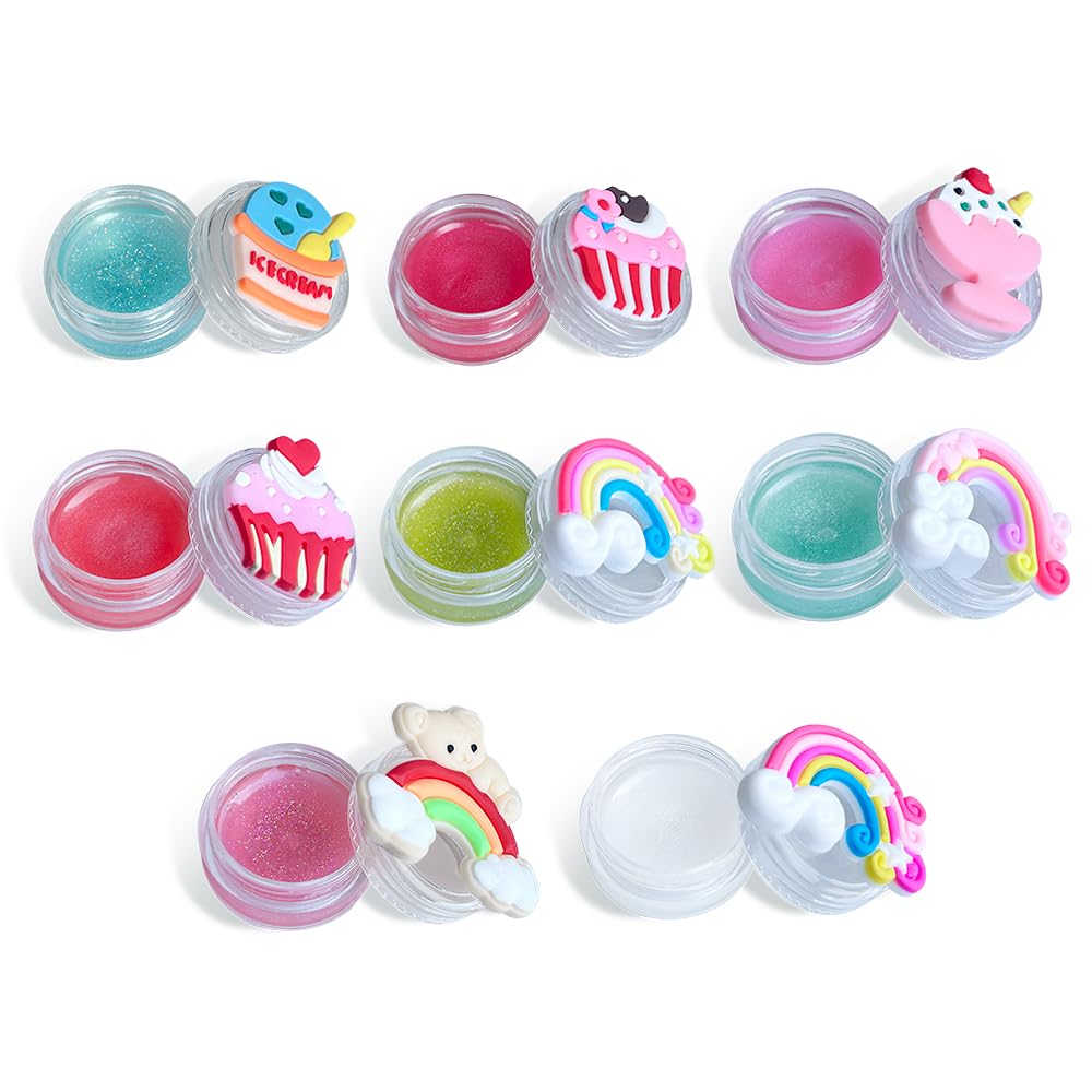 Mebtmel 8PCS Cute Lip Gloss for Girls, Party Favors Lip Balm Set for Kids, Assorted Fruity Flavors Cute Cupcake of Rainbow Designs Birthday Gift