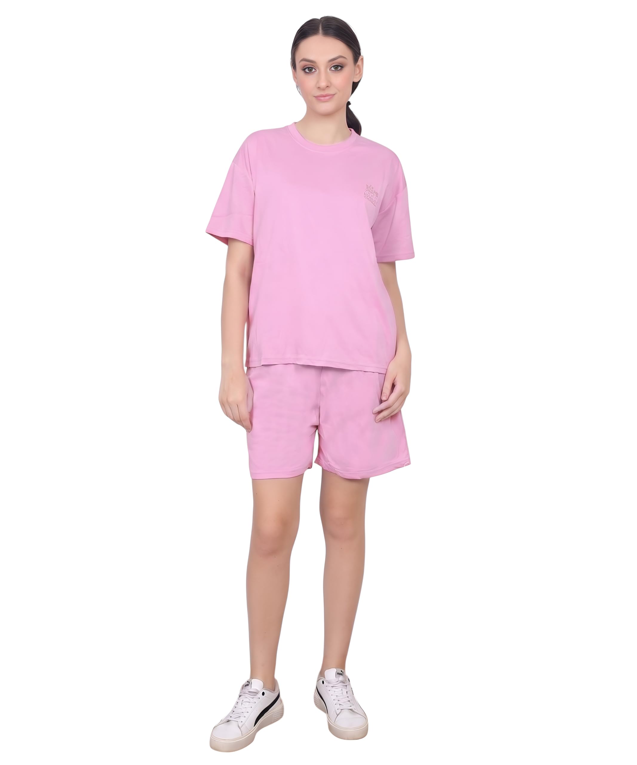 Women Solid Tencel Oversized T-Shirt & Shorts Co-Ord Set (IN, Alpha, L, PINK)-image-47