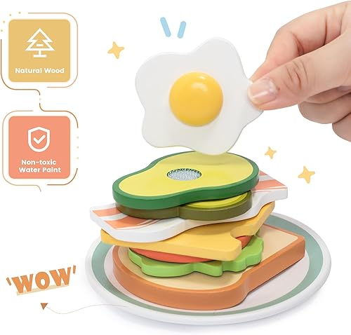 Miniatura 2 de Juego de cocina de madera con tostadora, 17 piezas, accesorios de comida para niños pequeños de aprendizaje temprano, juego de juego de desayuno,