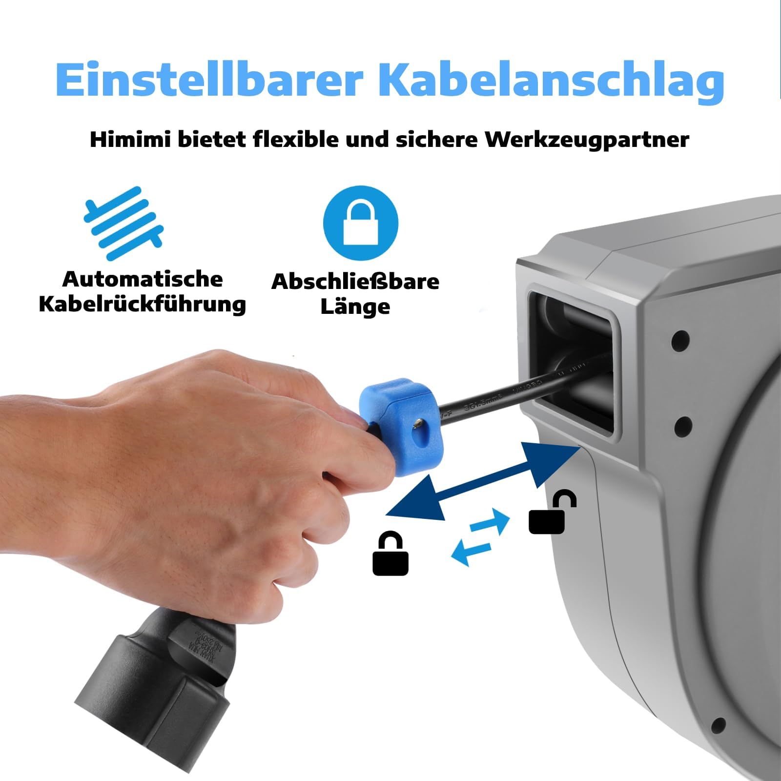 Himimi Avvolgicavo automatico 15 m + 1 m | 180° montaggio a parete | Automatic Cable Reel 1500 W ~ 3000 W | Adatto per esterni, garage, campeggio, protezione da sovraccarico