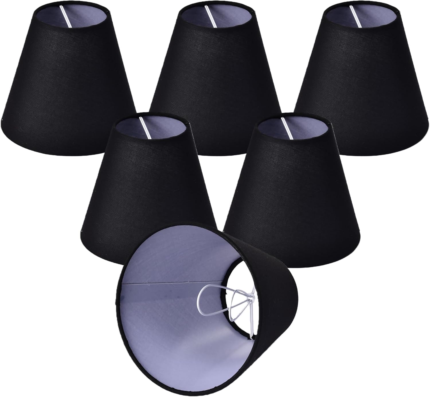 Clip On Lamp Shades Set of 6, Small Black Polycotton Empire Lampshades for E14 Candle Bulbs, Replacement Shades for Chandeliers, Wall Sconces & Table Lamps