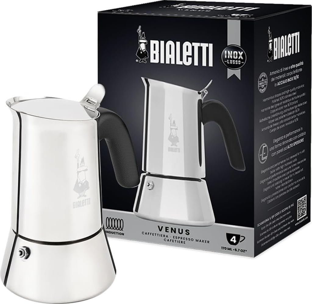 Bialetti New Venus Caffettiera in Acciaio Inox, Adatta all'Induzione, Argento, 4