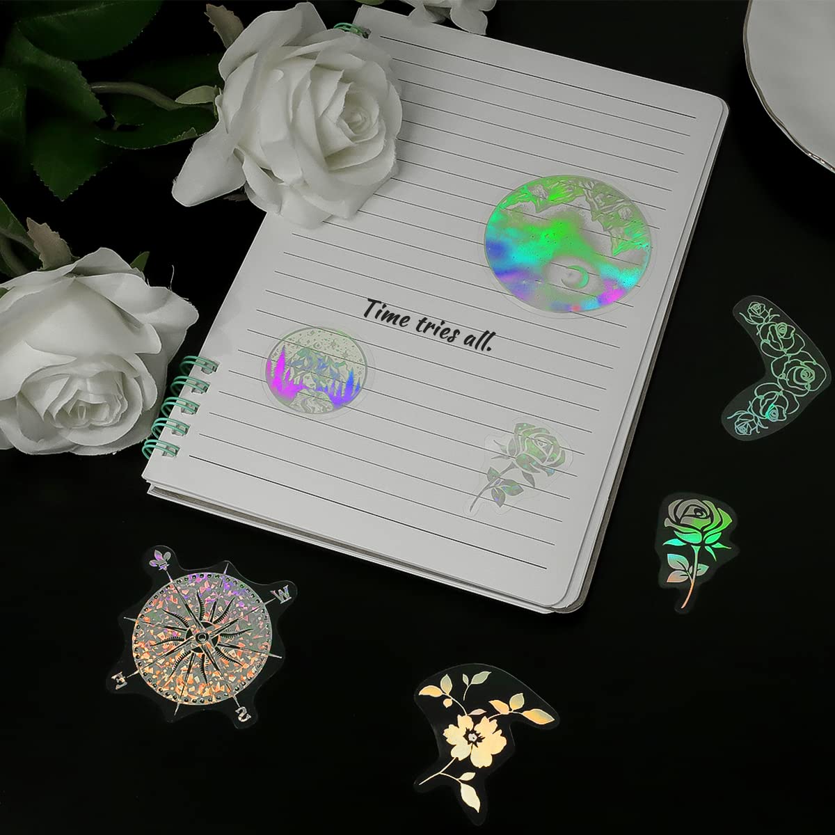 KINBOM 45st Holografische Stickers, PET Waterdichte Glitter Hars Sticker Bulk Plant Zelfklevende Sticker Transparante Stickers voor Scrapbooking Dagboek Dagelijkse Planner Waterfles (Blad