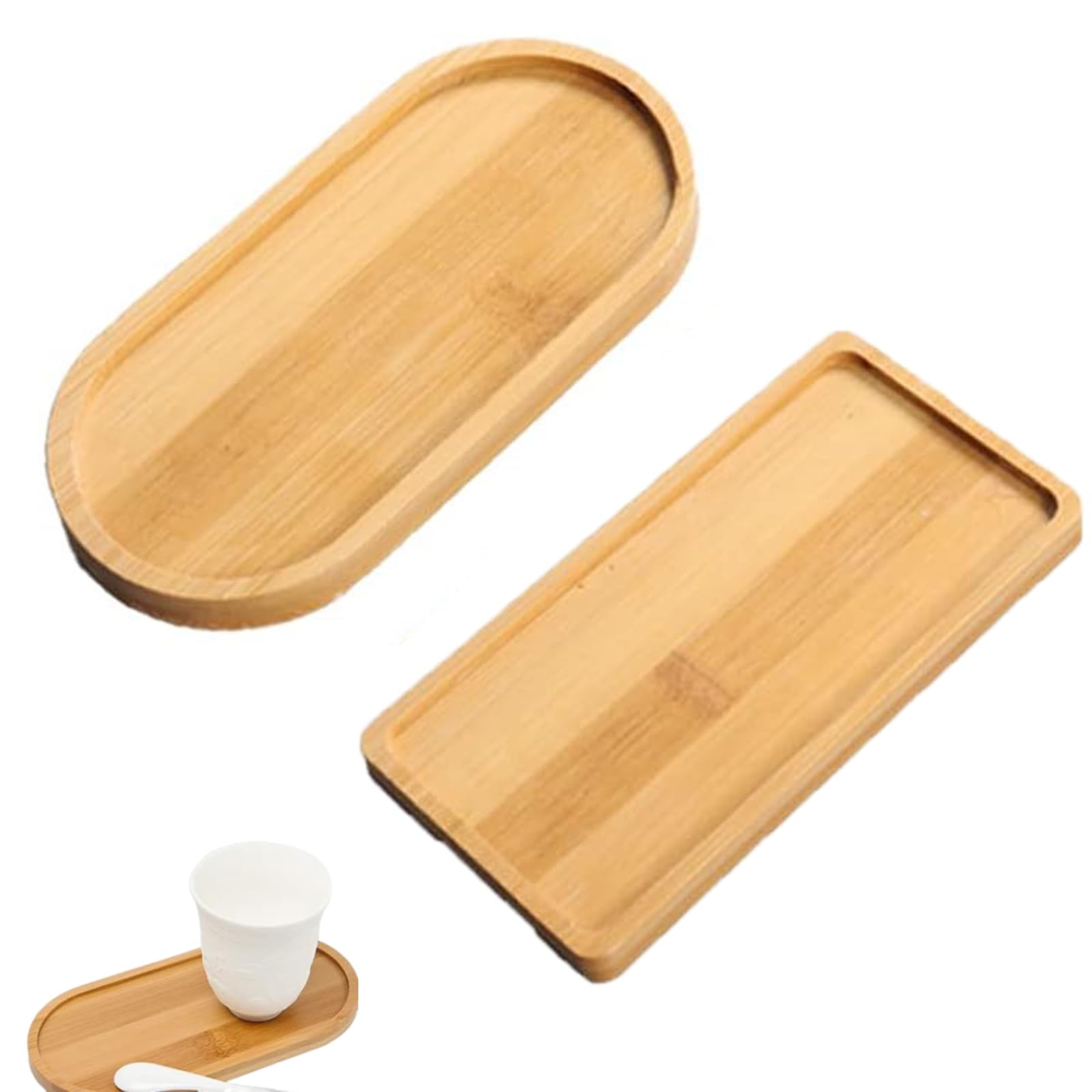 2 Pcs Bamboo Tray, Oval Wooden Trays, Small Solid Bamboo Tea Serving Tray Bamboo Plant Saucer Flower Plant Succulent Tray for Coaster, Tea, Coffee, Cake, Snack(Two Shapes)