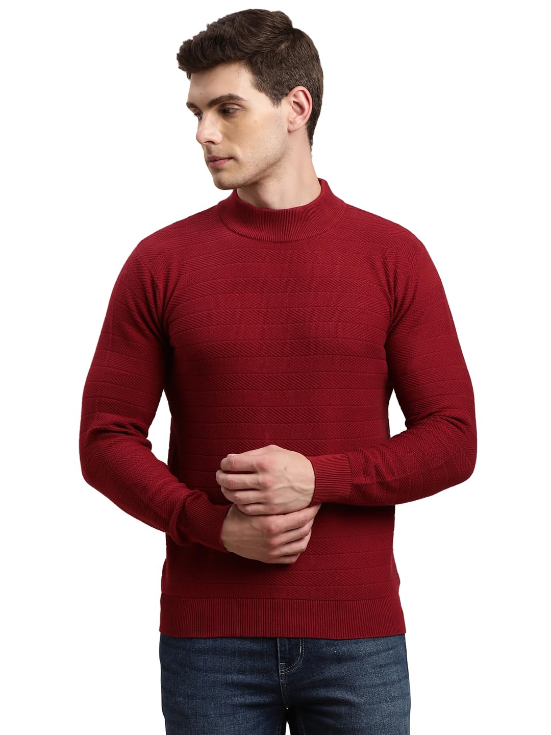 turtle Men Red Knitted Solid Stand Collar Pullover-picture-26