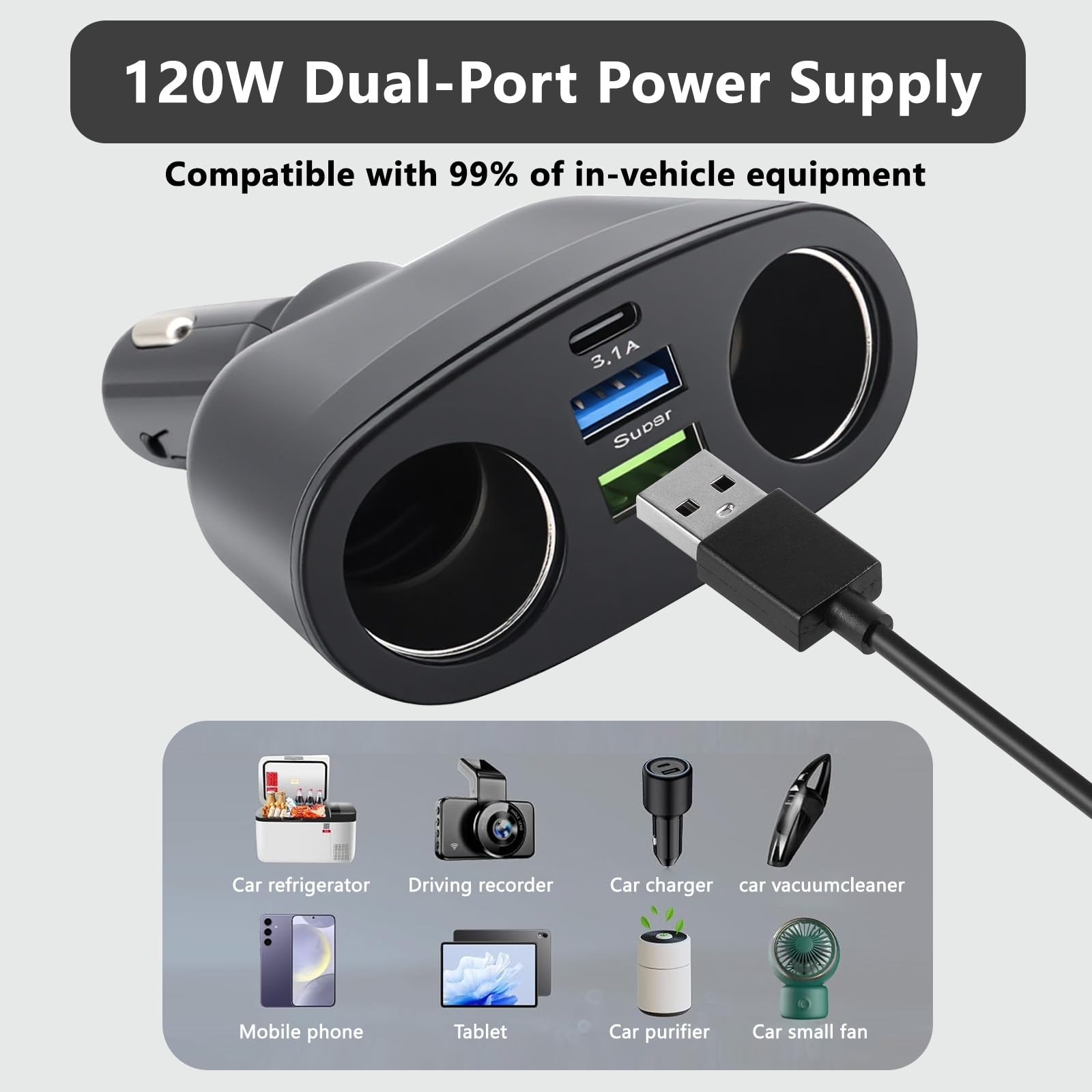 Car Cigarette Lighter Adapter 12V/24V, Dual USB-C PD & USB-A QC3.0 Super Fast Charger, 360° Rotating Car Lighter Adapter, Multi-Socket Splitter with LED Voltmeter for Phone Tablet GPS Dashcam — view 3