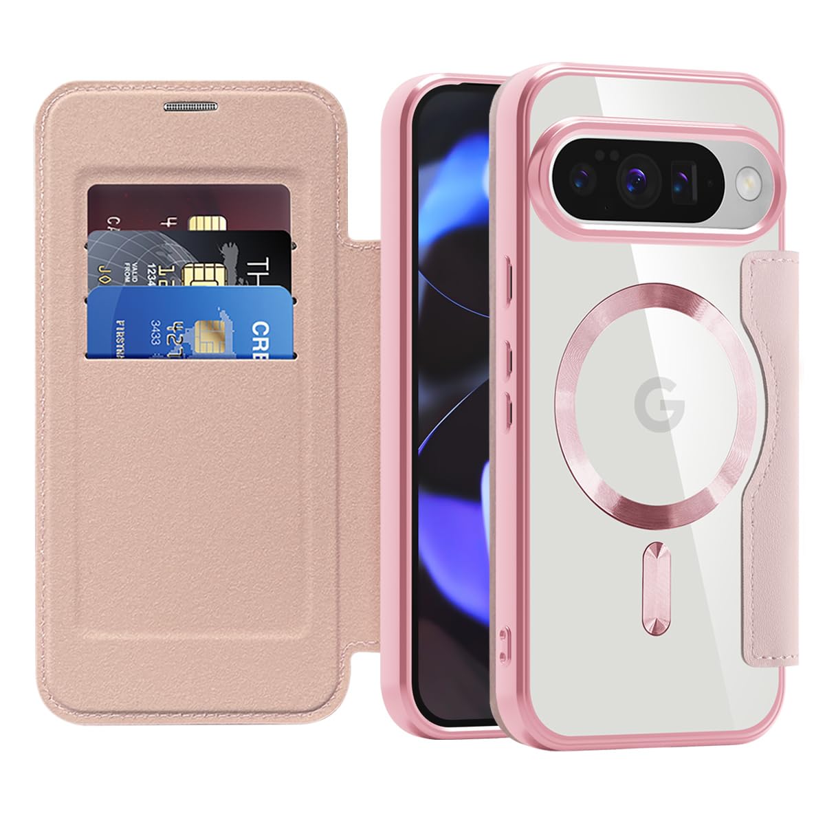 Magnetic Case for Google Pixel 10, Compatible with MagSafe, PU Leather Wallet Cover with RFID Blocking Credit Card Holder, Transparent Case for Google Pixel 10. Rose Gold JDC
