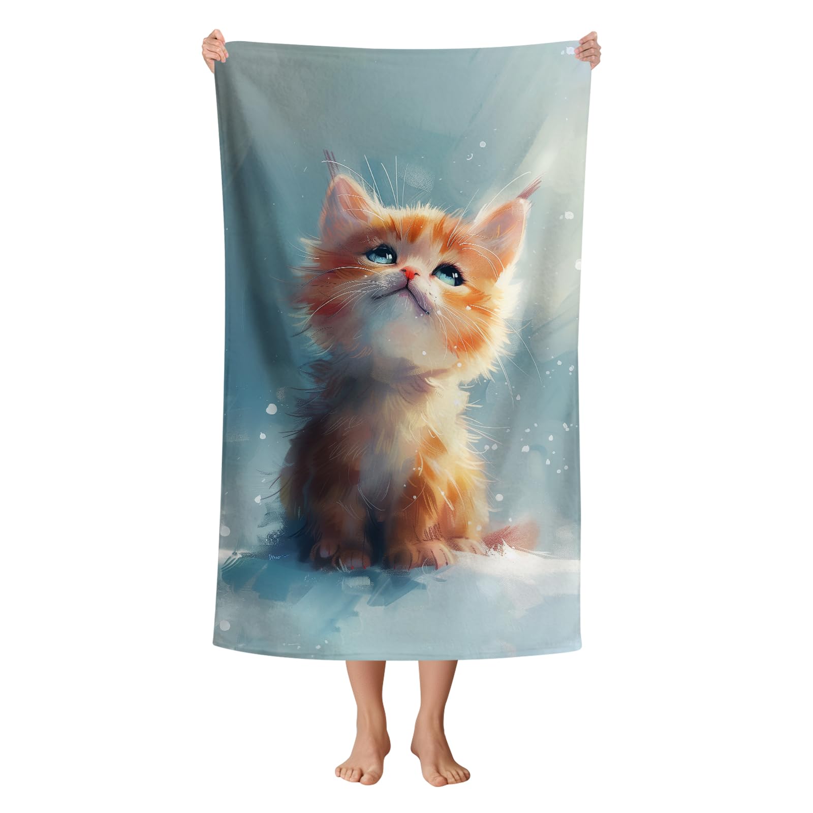 WZOMT Cute Cat Beach Towel, Microfiber Orange Cat Towels for Cats Lovers, Oversized Cats Bath Towel for Kids Girls, Quick Dry Sandproof Kitty Kitten Pool/Swim/Travel Towel, 32x52 Inch