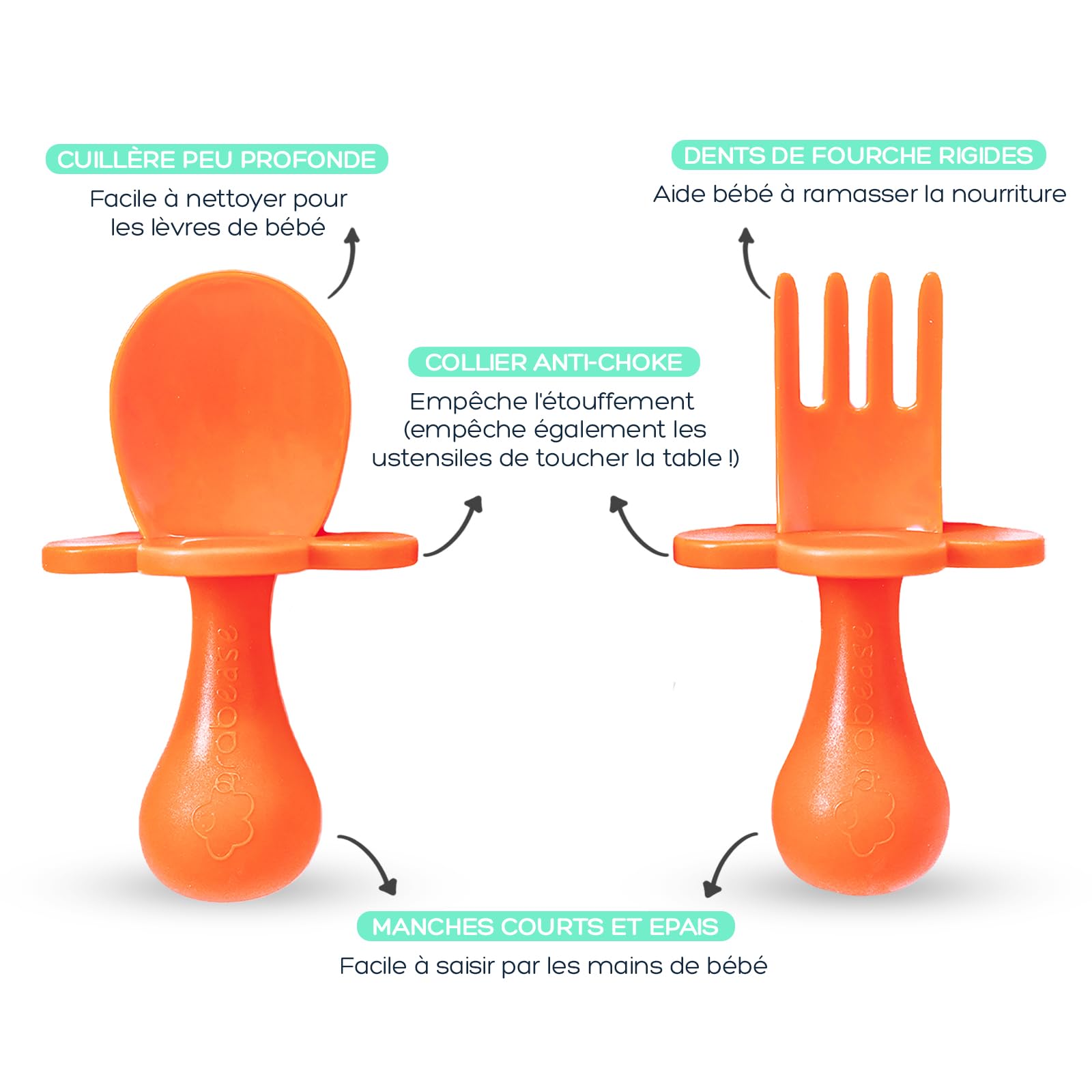 Grabease Argenterie pour tout-petit Cuillères et fourchettes pour bébé Argenterie pour bébé et cuillères, sans BPA et sans phtalate pour bébé et tout-petit, 1 ensemble, Orange