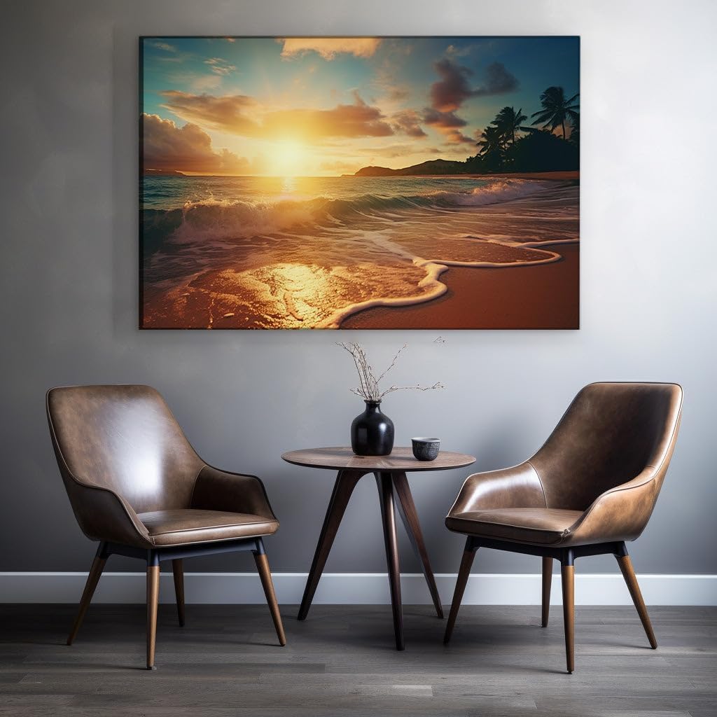 Canvas for Living room. Sunset Serenity on Golden Shores: Escape to a Tropical Beach Paradise, 27 x 18 inch Canvas Wall Art - Contemporary Masterpieces - Botanical Home Decor