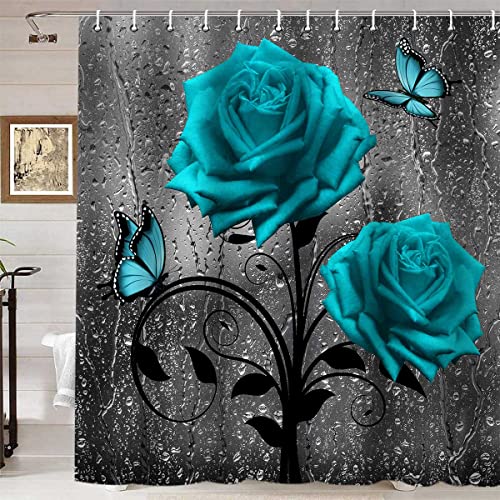 Namdeva Elegant Teal Rose Shower Curtain, Raindrop Butterfly Turquoise Floral Blooming Flower Art Romantic Valentine's Day Modern Bathroom Decor, Waterproof Fabric Shower Curtain Set, 72 X 72 Inch