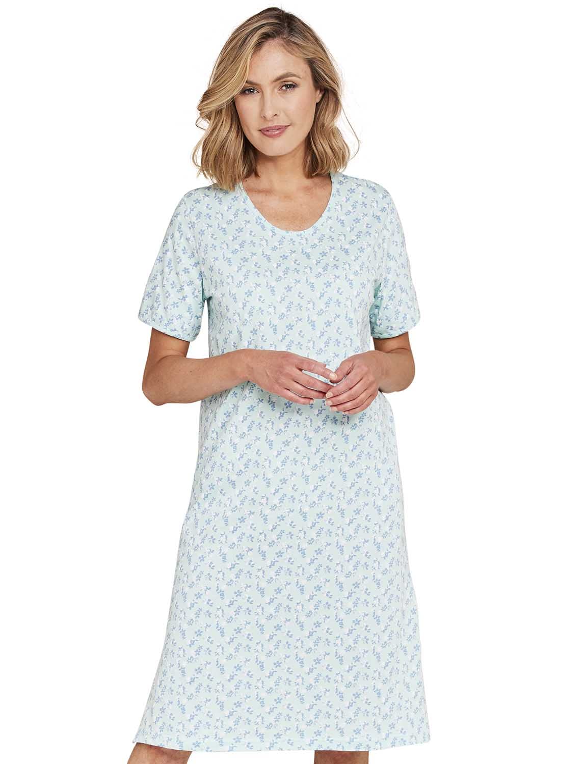Chums Ladies Pack of 3 Short Sleeve Print Nightdresses – 100% Cotton Breathable Knee‑Length Nighties with Mixed Prints – Soft Pull‑On Sleepwear Aqua 10