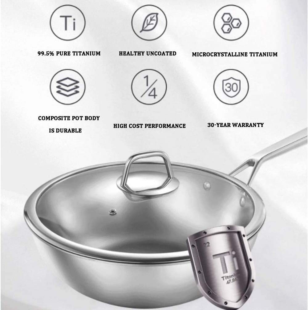 OQHAIR Wok und Pfannen, Wok aus reinem Titan – gesunder, unbeschichteter Wok mit flachem Boden/Verbundmaterial, effiziente Wärmeleitung, mit Deckel (Silber) – 32 cm (Golden, Silber 34 cm)