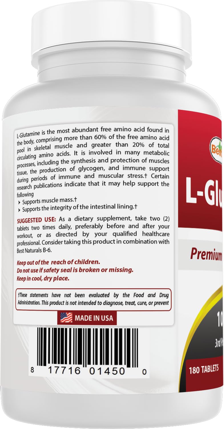 Best Naturals L-Glutamine 1000mg Fuel for Workout (Non-GMO) Tablets, 180 Count — Amazon image 7