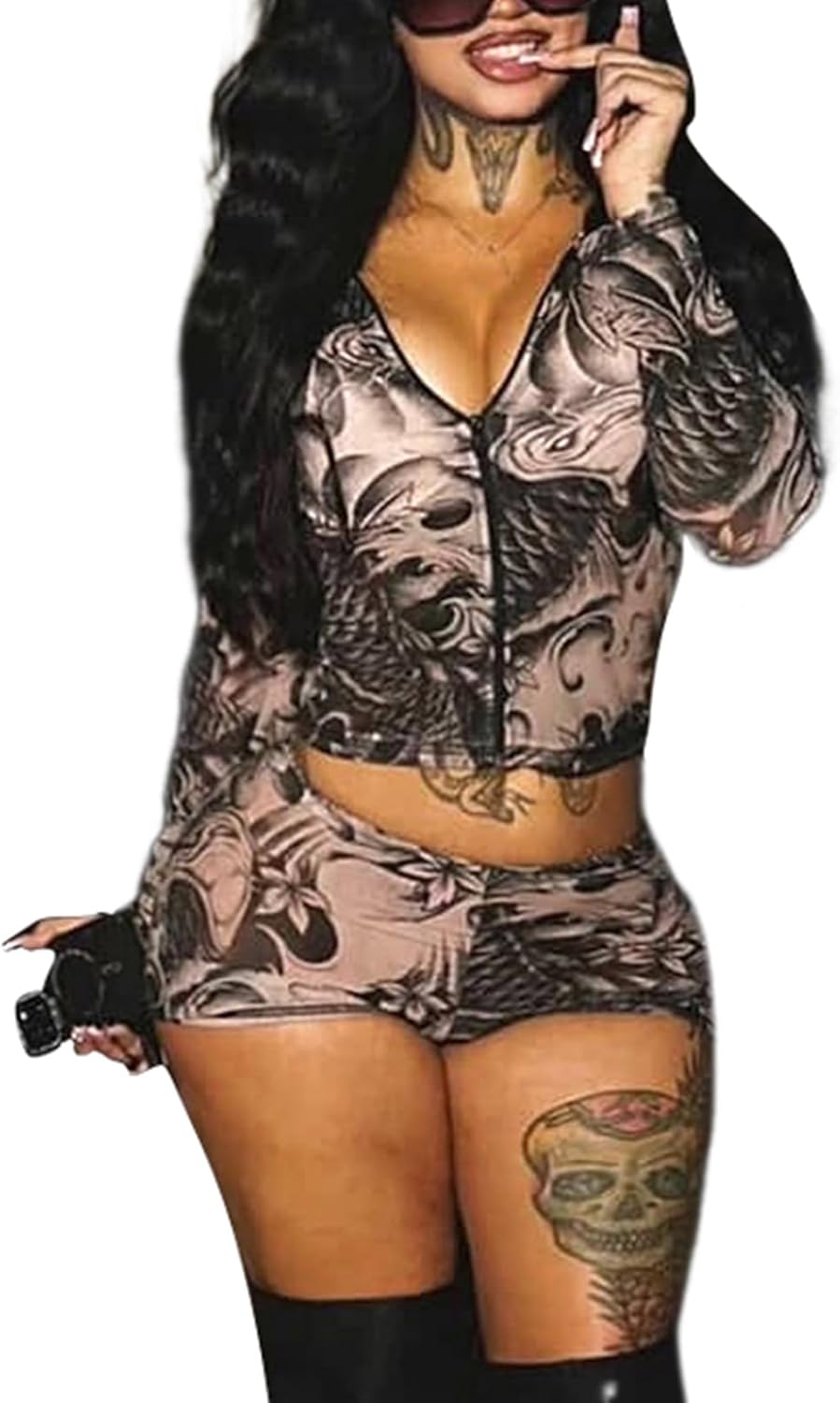 Mandonce Mesh 2 Piece Sets for Women Printed Zip up Mesh Shirt and Shorts Bodycon 2026 Summer Sexy Club Outfit Going Out