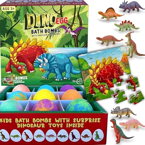 Bath Bombs for Kids with Surprise Toys Inside Plus Dinosaur Puzzle - Set of 9 Organic Dino Egg Bath Bombs, Gentle and Kids Safe, Fizzy Balls with Rich Bubbles, Birthday Gifts for Kids, Boys, Girls Cover