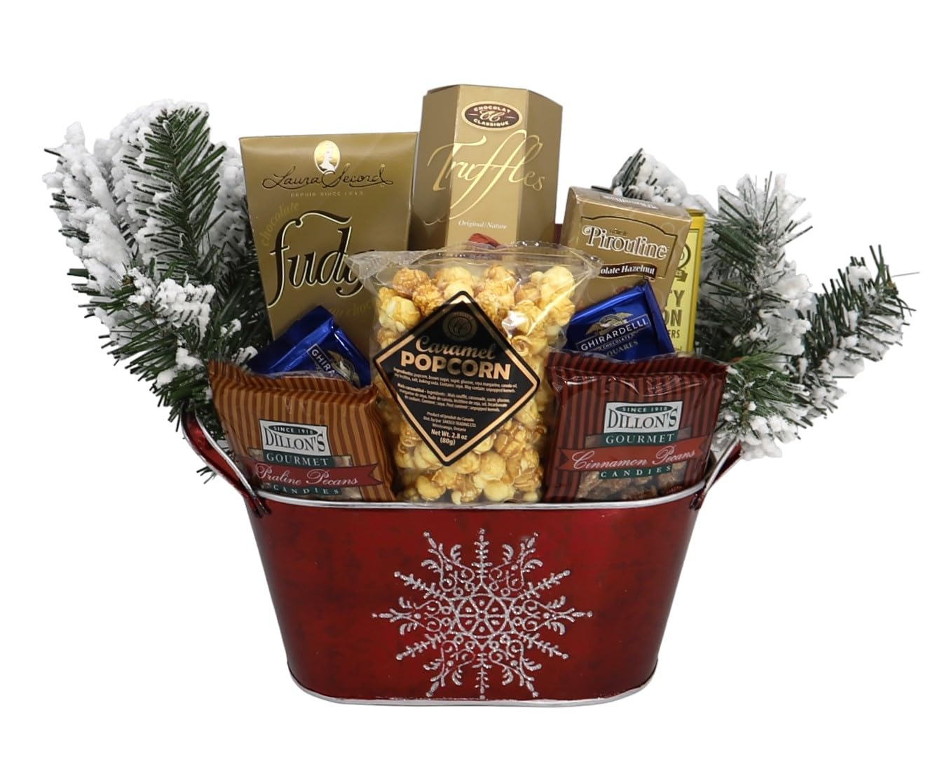 Gift Basket Village Christmas Elegance Gift Basket: Gourmet Wafers, Fudge, Popcorn, Pecan Candies, Cookies & Chocolates, Perfect Holiday Treat, 11x4x9”, 2.19 lbs
