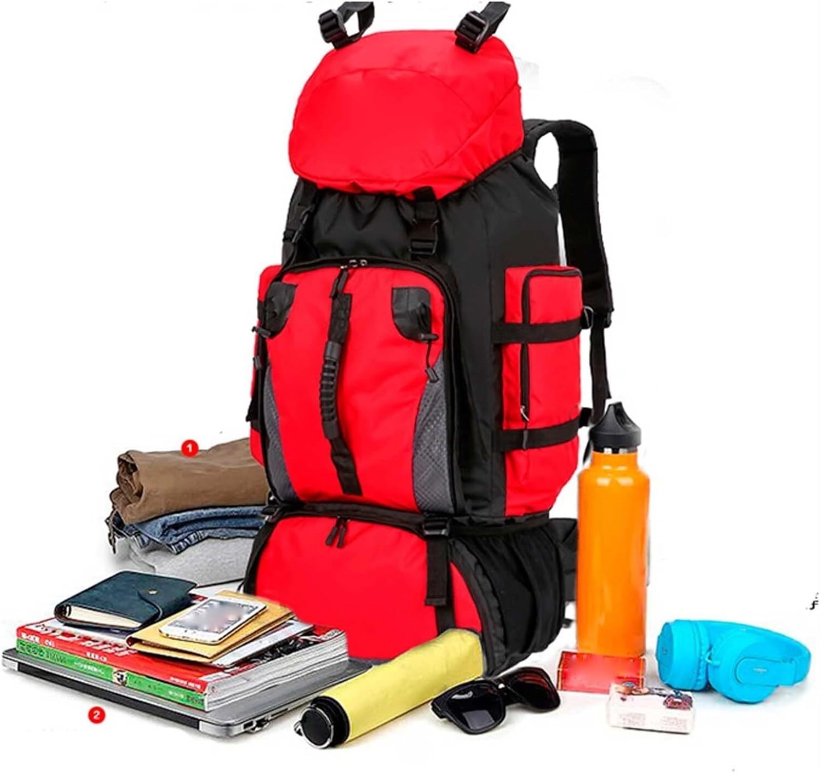 Zaino da Viaggio Sportivo Borsa da Campeggio Pieghevole per Zaino da Pesca Ultraleggero Impermeabile da 90 Litri per Alpinismo Arrampicata(Rot)