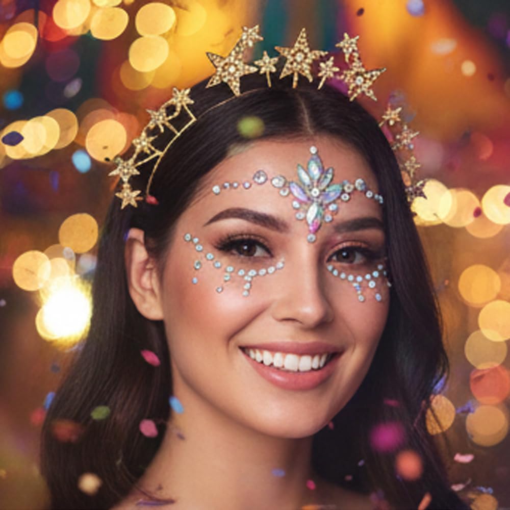 3-Piece Set: Headband Stars Rhinestone + Face Gems & Rhinestones, Halo Headpiece for Women & Girls - Image 4
