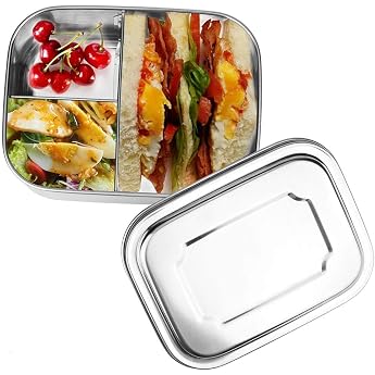 Hospaop Stainless Steel Lunch Box Leak-proof with 3 Compartments 16 x 13 x 6.2 cm 1000 ml Bento Lunch Box for Children and Adults