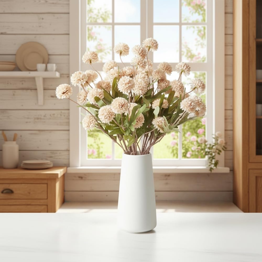 Artificial Mini Chrysanthemum Flowers 10pcs Faux Pompon Mum Stems for Vase Arrangements Home Decor Centerpiece (Beige)