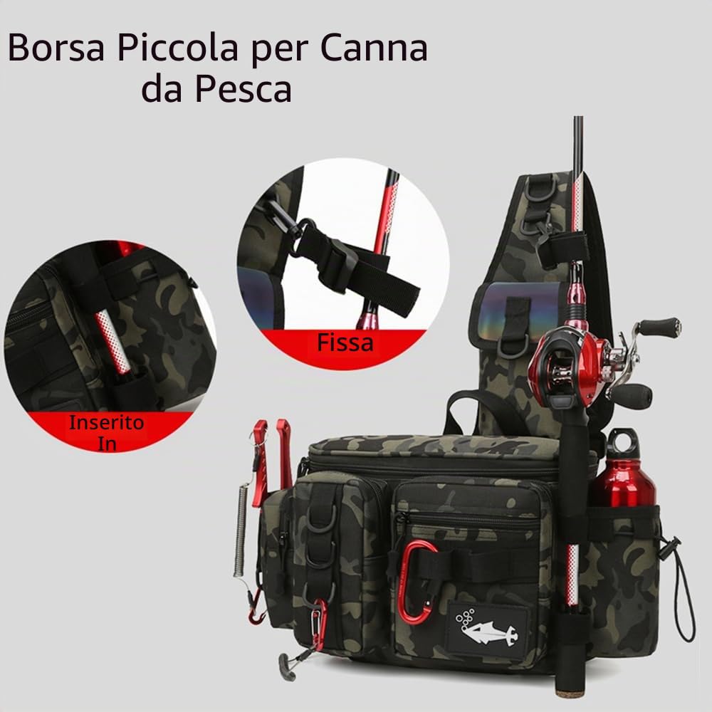 Borsa a tracolla da pesca – Zaino a tracolla con grande capacità, custodia per attrezzi da pesca con esche, verde mimetico