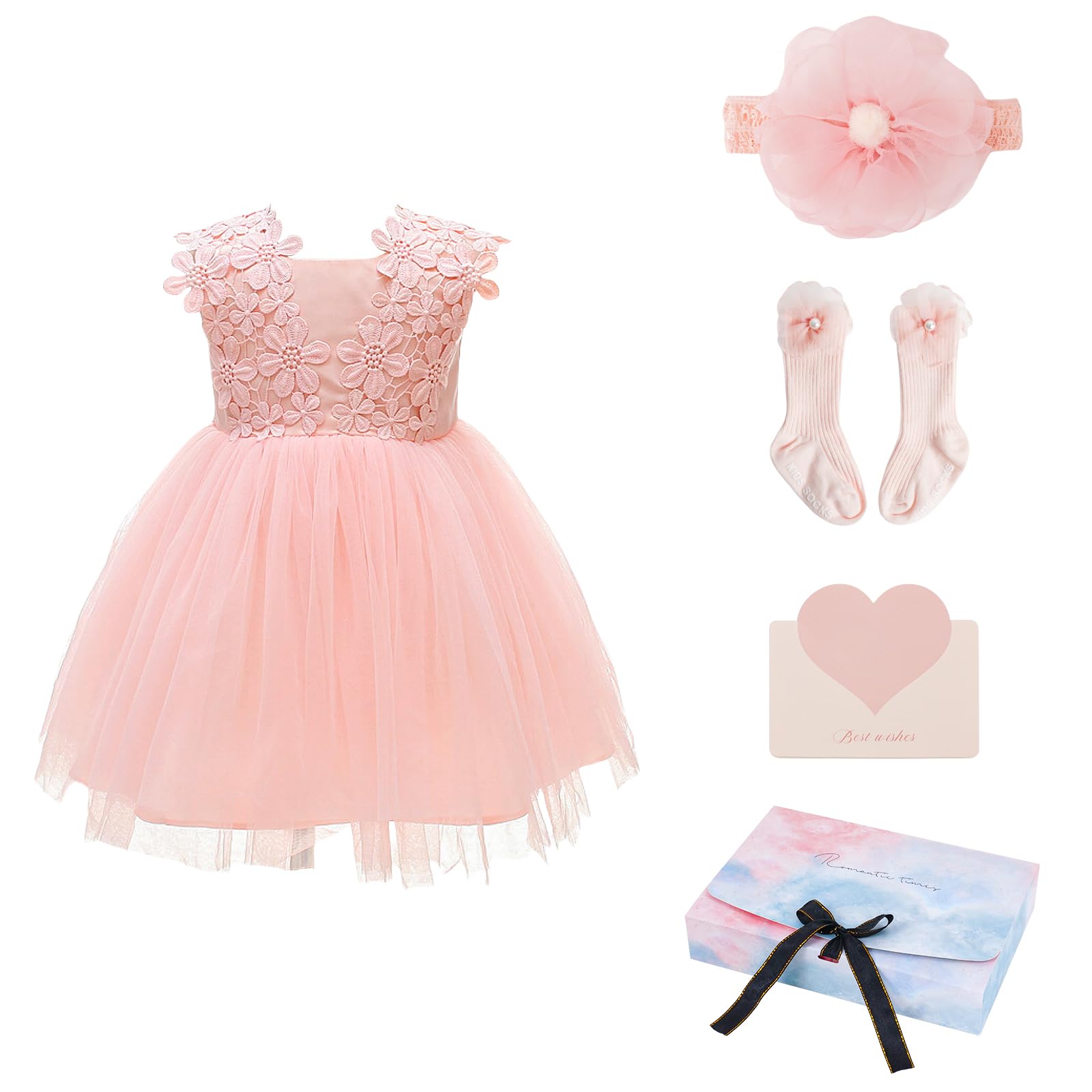 Abito Bimba Battesimo con Tulle Sfumato Arcobaleno,Abito da Festa Principessa Senza Maniche con Fiori e Pizzo,Vestito Elegante per Bambina 6-24 Mesi,Regalo per Cerimonie