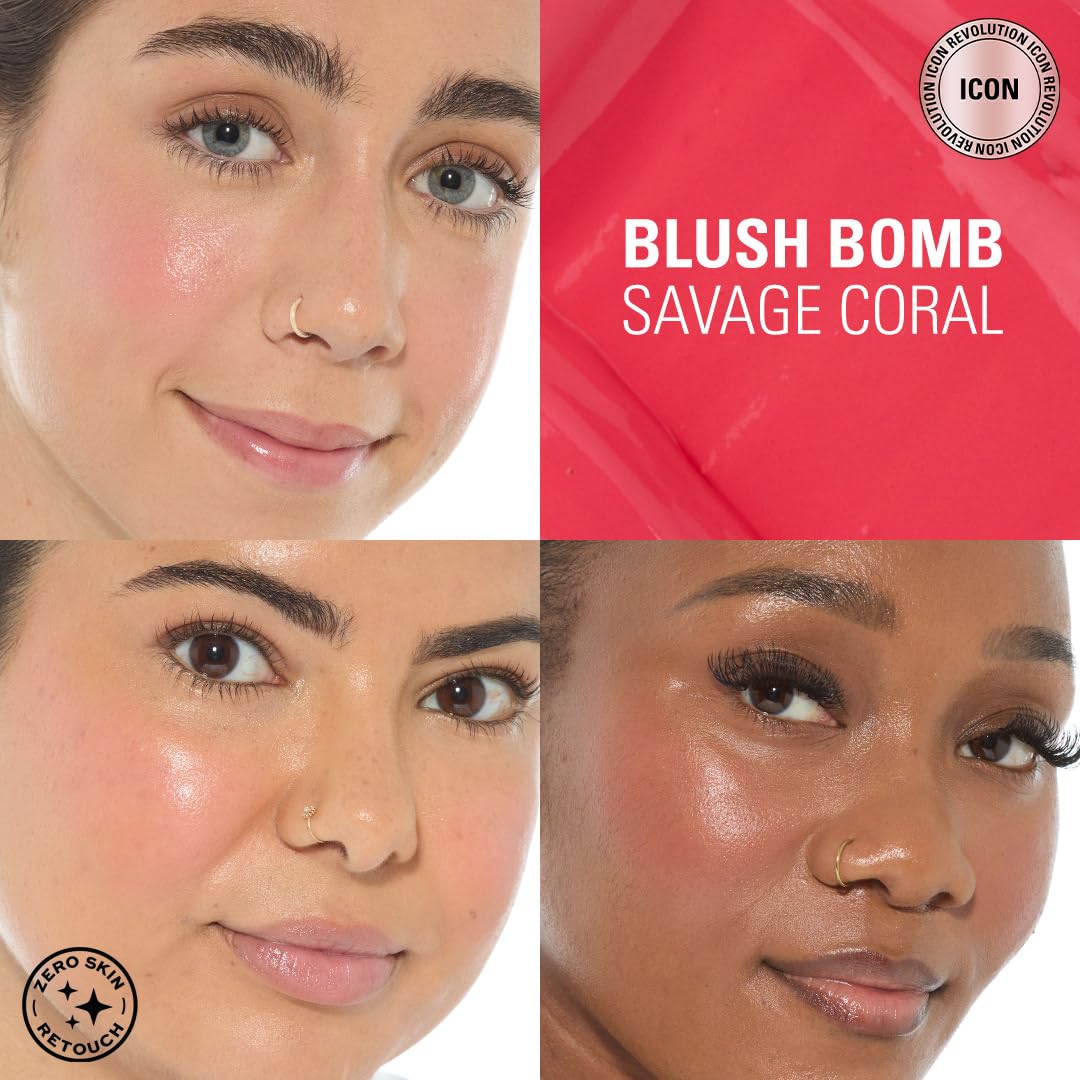 Revolution Beauty, Blush Bomb Cream Blusher, Lightweight Makeup & Creamy Formula for a Dewy Finish, Enriched with Vitamin E, Savage Coral, 0.15 Fl. Oz.