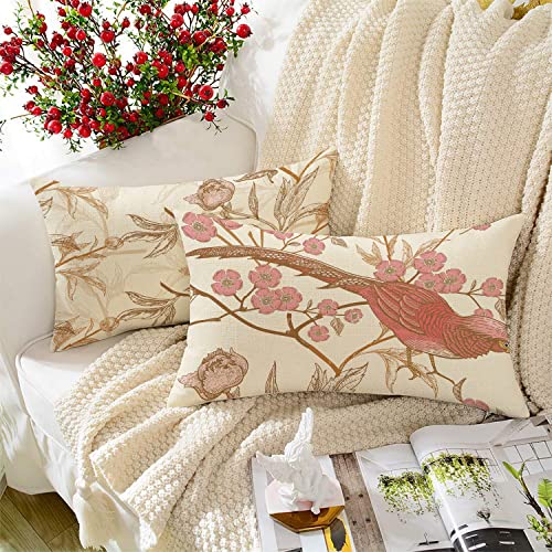 BRICK HOME Set of 2 Polycotton Printed Cushion Covers 12x18 Inches | Floral & Bird Design | Pastel Blush Pink, Beige & Off-White | Soft Fabric Decorative Pillow Covers for Sofa, Couch & Living Room