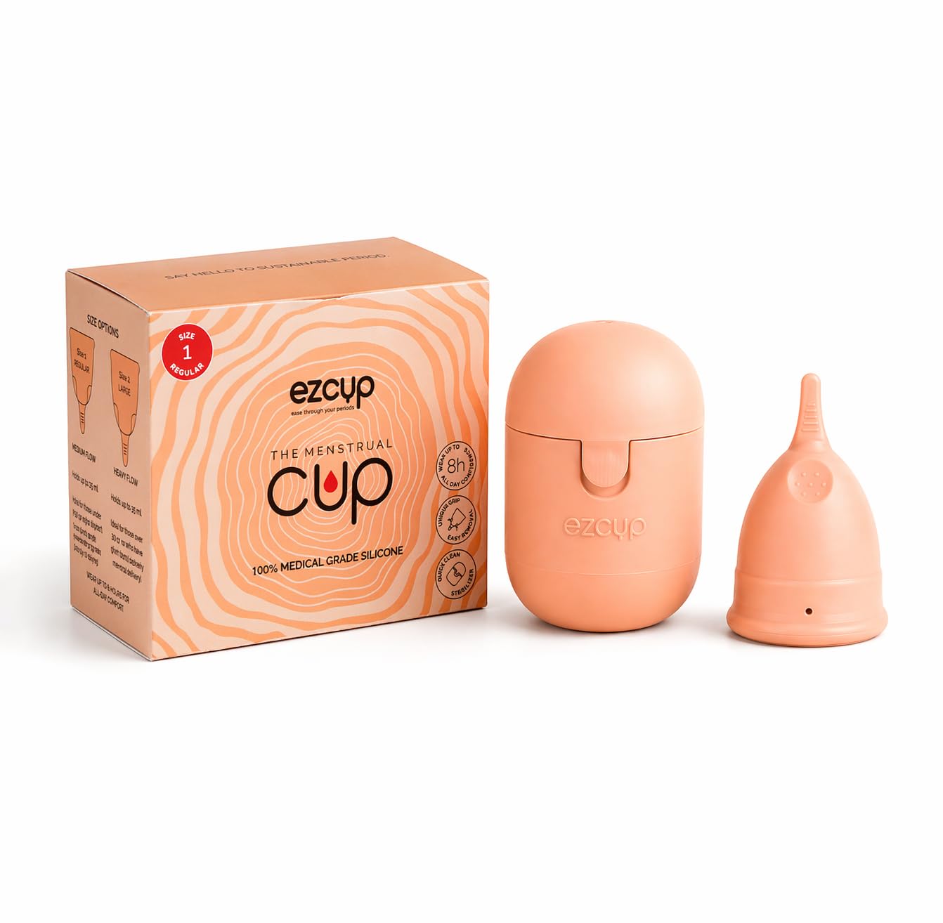 Ezcup Reusable Menstrual Cup for Women with an easy-to-use Portable Sterilising Container, 100% Medical Grade Silicone, FDA Approved, Up to 8-10 Hours use (REGULAR),Pink, Pack of 1