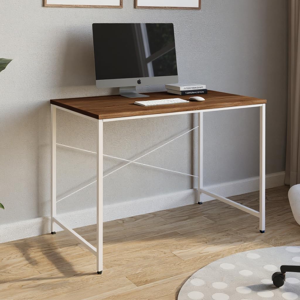 The Wall Home or Office Desk Study Table (100x60x75cm) (White Frame, Walnut Finish Wood)
