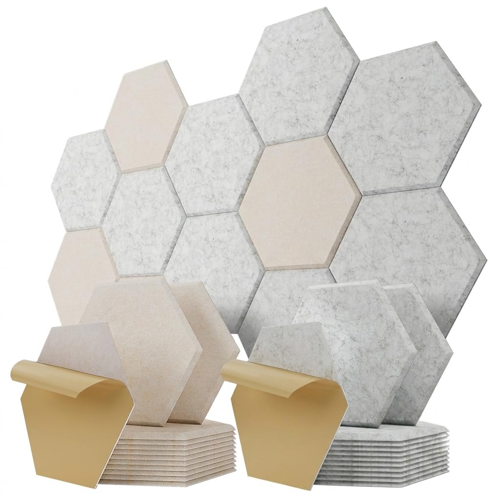 Kuchoow 24er Hexagon Akustikplatten Selbstklebend, 12 Stück Grau + 12 Beige Bundle, Schallabsorber Wand Akustikpaneele Filz für Studio, Gaming, Büro, Decke, Tür, 30x26x0,9 cm