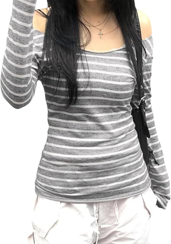 Tsultryofs Y2k Grunge Striped Shirts for Women Off Shoulder Long Sleeve Aesthetic Tops Teen Girls Harajuku Tee