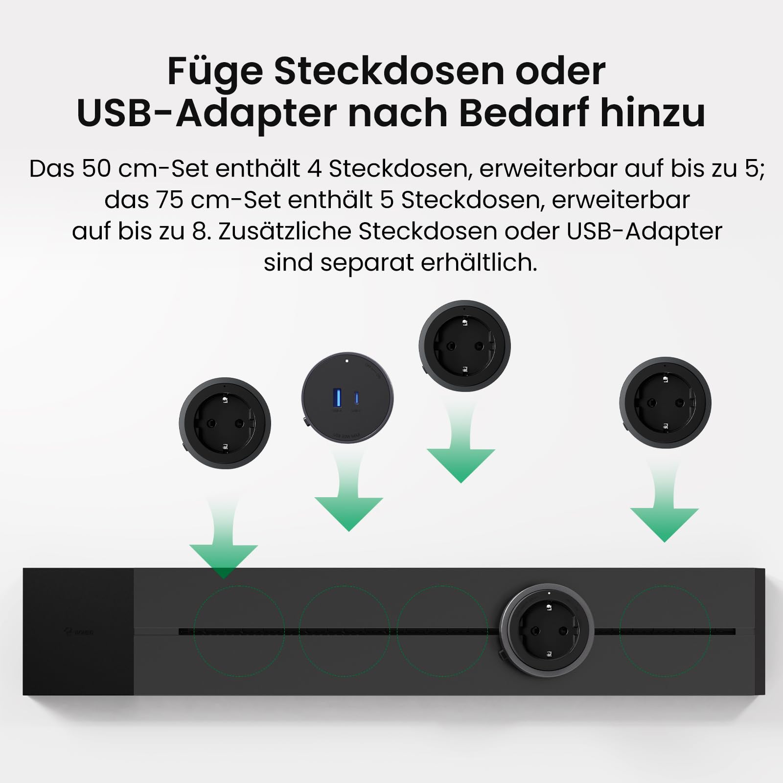 Goneo Mehrfachsteckdose Wandmontage, 50 cm Stromschiene mit 4 Steckdosen (umpositionierbar), Steckerleiste mit Schalter (pro Modul) und Kinderschutz, Montage ohne Stemmarbeiten, 7360 W für Küche