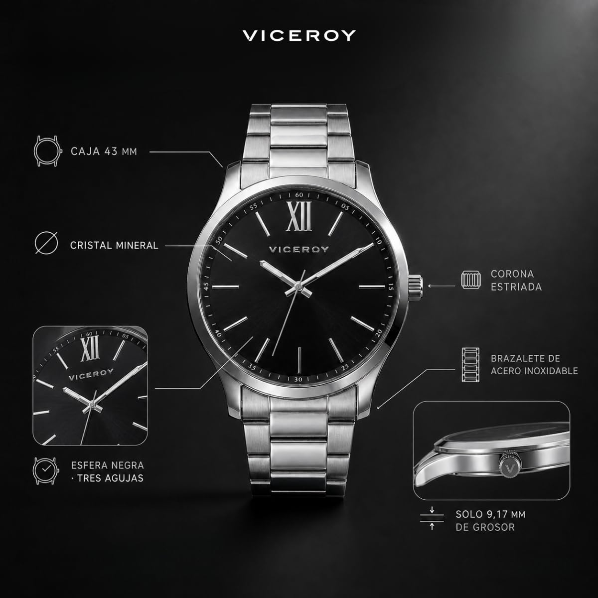 Viceroy Reloj Analógico Hombre de Acero Inoxidable - 43 mm - Movimiento de Cuarzo - Esfera Negra - Acabado Dorado - 401185