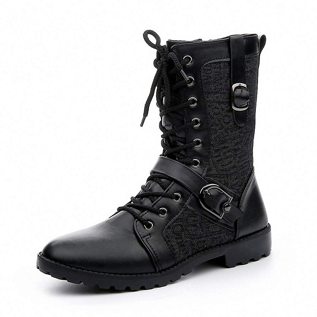 TebapiMens Motorcycle Punk Boots Leather Backpacking Military Mid-Calf Retro Rock Boots for Winter Autumn Black Lace-up Buckle Shoes Men Tactical Army Riding Hunting Walking Boot