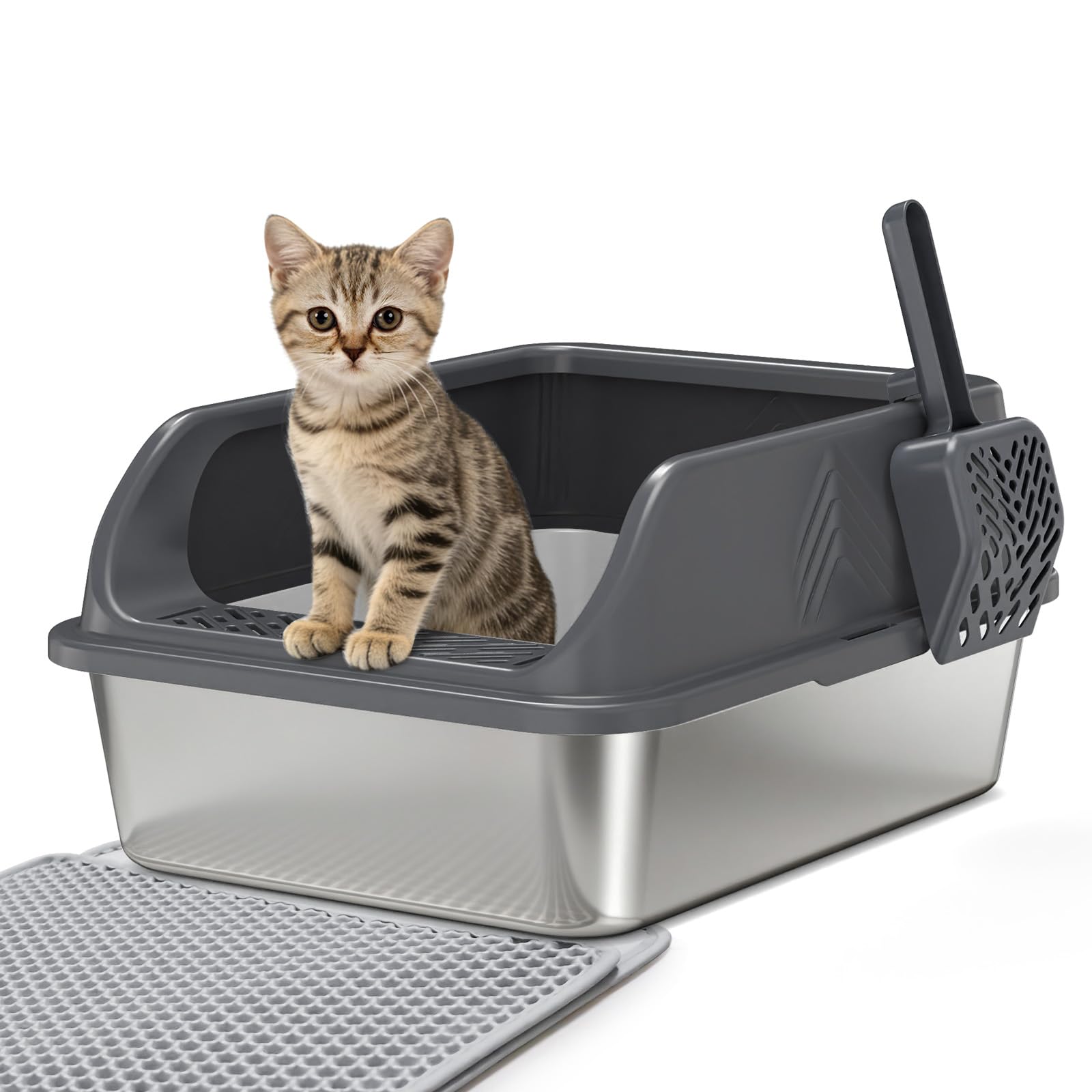 Small Stainless Steel Litter Box with Lid for Kitten, Metal Cat Litter Boxes High Sided Enclosed for Injured Cats and Rabbit, Anti-Urine Leakage | Non-Stick Bottom & Includes Scoop