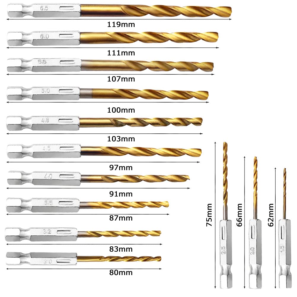 16 PCS Hex Shank Drill Bit, Hex Shank Titanium Drill Bit Set High Speed Steel Hex Shank Drill Bits Set Titanium Impact Drill Bit Set for Wood, Plastic, Steel, Metal, Quick Change (1/16”-1/4”): Tools & Home Improvement